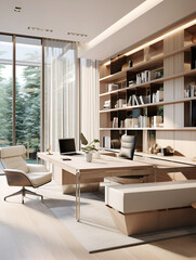 Fototapeta na wymiar a modern office with natural light and a sleek wood desk