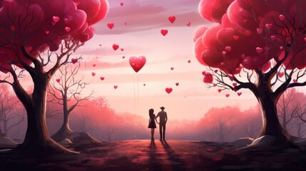 Romantic illustration. Silhouette of couple of lovers against backdrop of hearts and nature. Man and woman on date. Postcard for Valentine's Day. Romantic poster, banner. Romantic relationship concept