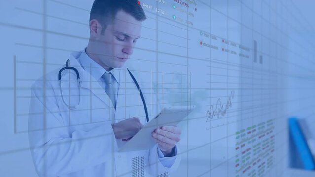 Animation of multiple graphs and trading boards over caucasian doctor scrolling on digital tablet