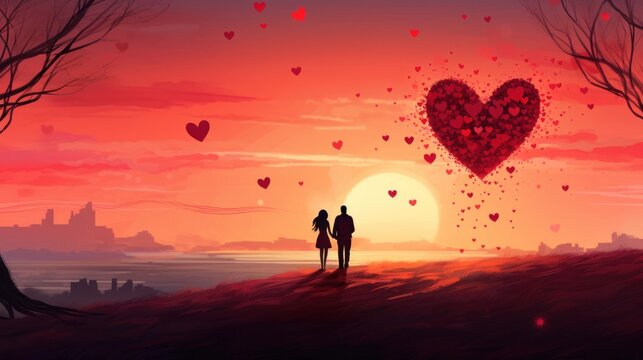 Romantic illustration. Silhouette of couple of lovers against background of nature, setting sun and hearts flying in sky. Man and woman on date. Postcard for Valentine's Day. Romantic poster, banner.