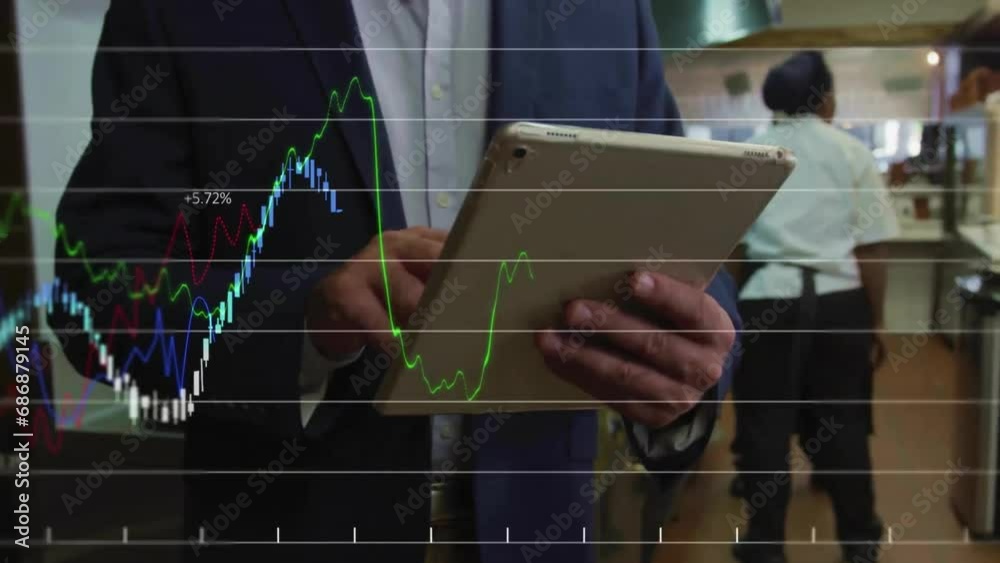 Poster animation of multiple graphs with changing numbers, diverse people using digital tablet