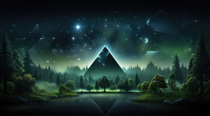 An artistic night scene with geometric mountains, a star-lit sky, and a forest in green light.