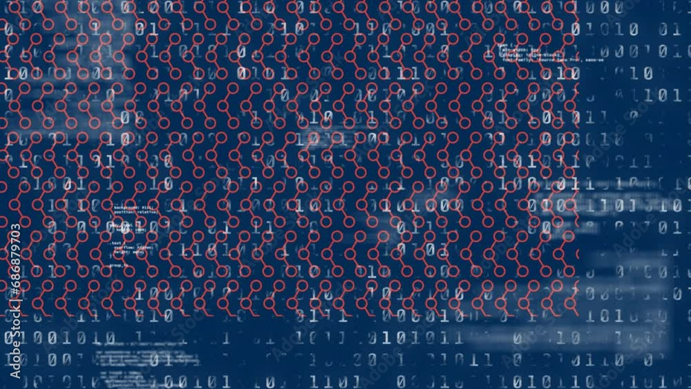 Poster animation of connected circles and falling binary codes against black background