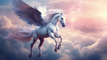 Obraz na płótnie Canvas Majestic Fantasy Pegasus horse flying high above the clouds. Flight of the Pegasus. fantastic magical illustration