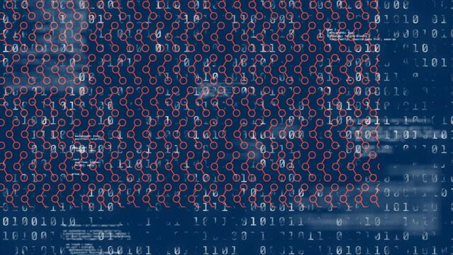 Animation of connected circles and falling binary codes against black background