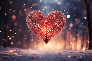 a surreal red heart flying above the snow in the night. Valentine concept. Generative AI