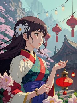 Anime geisha woman wearing kimono in traditional oriental town, generative AI