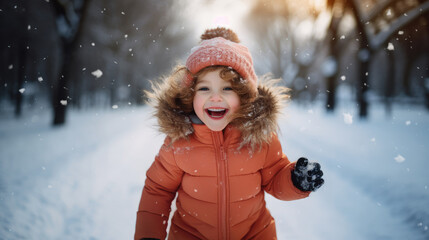 Fototapeta na wymiar A little girl enjoys winter in a snowy park. Illustration for covers, banners, backgrounds and other winter projects.