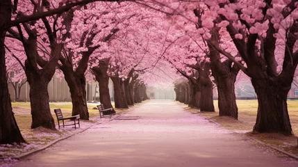 Fotobehang Sakura Cherry blossoming alley. Wonderful scenic park with rows of blooming cherry sakura trees in spring. Pink flowers of cherry tree © Boraryn