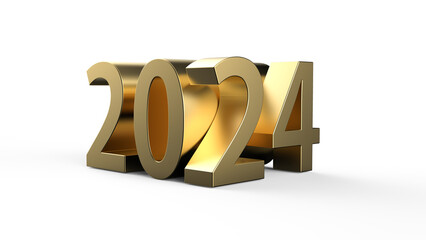 2024 New Year 3d symbol typography. 3D rendered illustration. 2024 lettering in shiny gold numbers. Stock image.