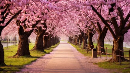 Sakura Cherry blossoming alley. Wonderful scenic park with rows of blooming cherry sakura trees in spring. Pink flowers of cherry tree