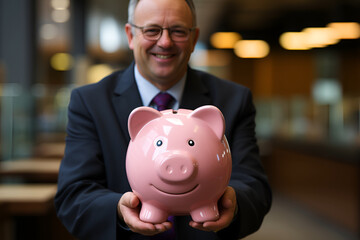 A businessman holding a piggy bank, poster with copy space