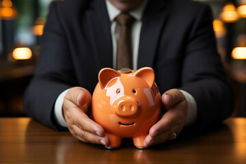 A businessman holding a piggy bank, poster with copy space - obrazy, fototapety, plakaty