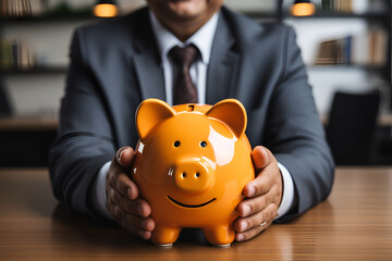 A businessman holding a piggy bank, poster with copy space