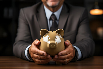 A businessman holding a piggy bank, poster with copy space - obrazy, fototapety, plakaty