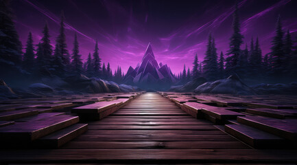 A blend of sharp geometric shapes in purple creating an abstract forest path. - obrazy, fototapety, plakaty