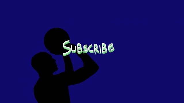 Animation of subscribe text, shadow of basketball player taking shot at basket over blue background