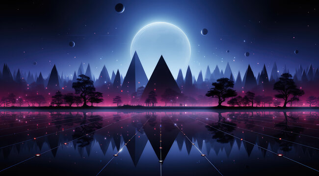 A blend of sharp geometric shapes in purple creating an abstract forest scenery with water, moon and reflection.