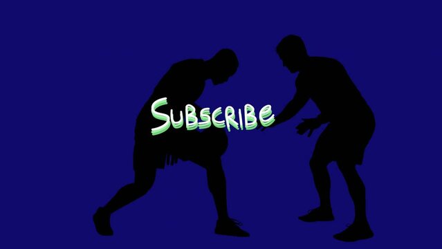 Animation of subscribe text over shadow of basketball opponents playing against blue background
