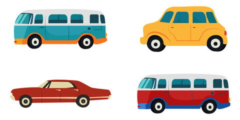 A set of cars. A vibrant collection of cars and trucks in a simple 
flat style. Cute vehicles for prints, decorations, children's design, games 
and preschool activities