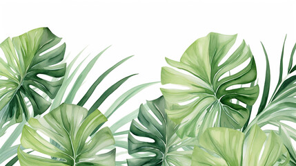 Fototapeta na wymiar Summer tropical background. Palm leaves monstera background blank for text. Summer tropical exotic template.