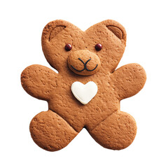 Galleta con forma de osito de peluche con un corazon blanco, sobre fondo transparente, png. concepto San Valentin, celebraciones, dia de la madre