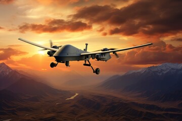 Fototapeta na wymiar Unmanned military drone on patrol air territory at high altitude at sunset. UAV drone