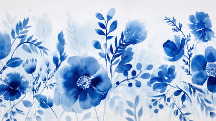 Sun printing cyanotype process. Floral pattern on watercolor illustration.