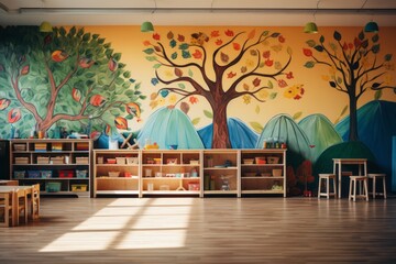 Interior of kindergarten preschool classroom. Walls painted with fabulous paintings, bright desks and chairs, shelves with toys and educational games, spacious play area. Happy childhood. - obrazy, fototapety, plakaty