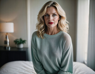 Naklejka premium photo of beautiful middle aged woman with blonde hair in bedroom, generative AI