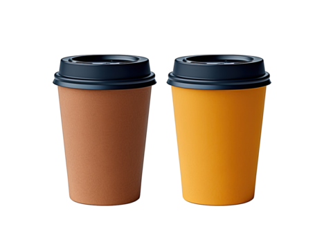 Dos vasos para infusiones o café caliente de carton con tapa de plastico en color marron y amarillo sobre fondo transparente