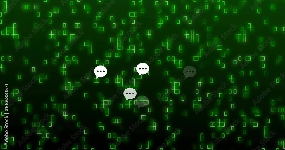 Poster animation of speech bubbles and binary codes over green background