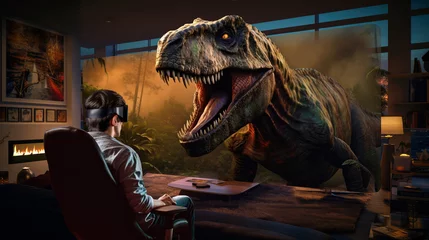 Tuinposter Man watching 3D movie of a dinosaur at home with VR goggles © Gary