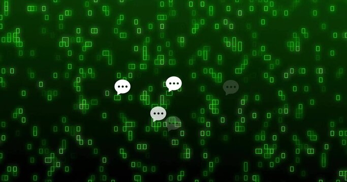 Animation of speech bubbles and binary codes over green background