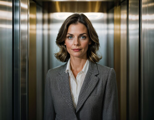 photo of middle aged woman as a office working woman standing near elevator, generative AI