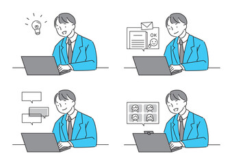 PCで会議・メール・チャットをするスーツの男性セット