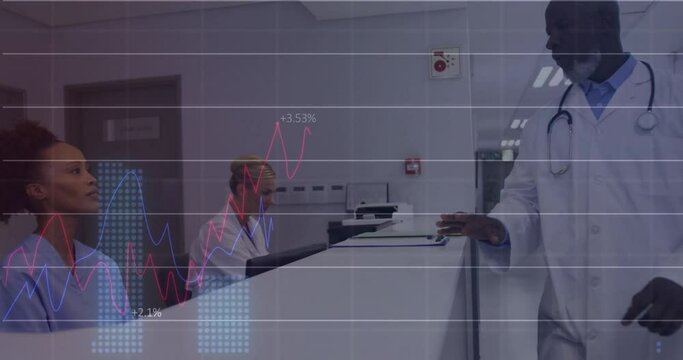 Animation of graphs and changing numbers, diverse nurse handing patient file to male doctor