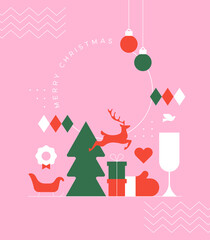 Merry christmas modern geometric banner template. Abstract xmas holiday poster with winter decoration. Festive party invitation, minimalist december event greeting card.