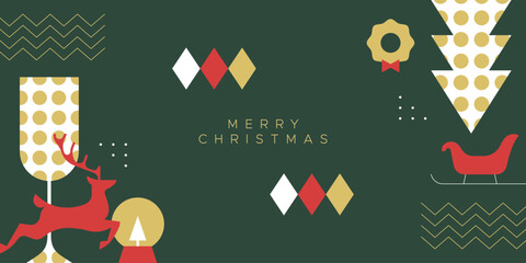 Obraz premium Merry christmas modern geometric banner template. Abstract xmas holiday poster with winter decoration. Festive party invitation, minimalist december event greeting card.
