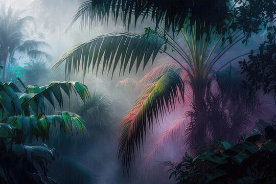 Mystical early morning in the tropics palm trees in the fog after rain, glow color background illustration Generative AI © Artem
