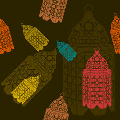 Editable Flat Monochrome Style With Various Colors Arabian Lamps Vector Illustration as Seamless Pattern With Dark Background for Islamic Occasional Theme Such as Ramadan and Eid or Arab Culture