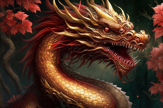 Detailed illustration of a majestic red and gold dragon fictional snake monster mythology textured background.