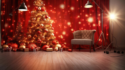 Create a holiday masterpiece with a photo of a Christmas tree, its ornaments, and a stunning red bokeh light backdrop. light backgroud - obrazy, fototapety, plakaty