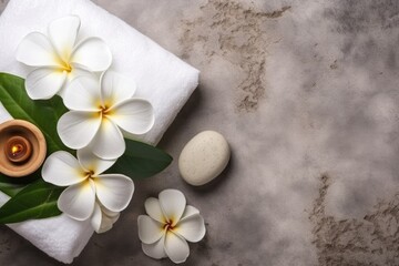 Fototapeta na wymiar Elegant spa setup with rolled white towels and fresh frangipani flowers on a textured gray marble background. Symbolizing relaxation, wellness, and luxury pampering. Perfect for spa and self-care
