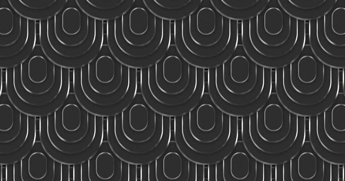 Abstract luxury squoval ring pattern with silver outline backgrounds moving from up to down creating a seamless loop animation over black color background. Elegant circles luxury award background.