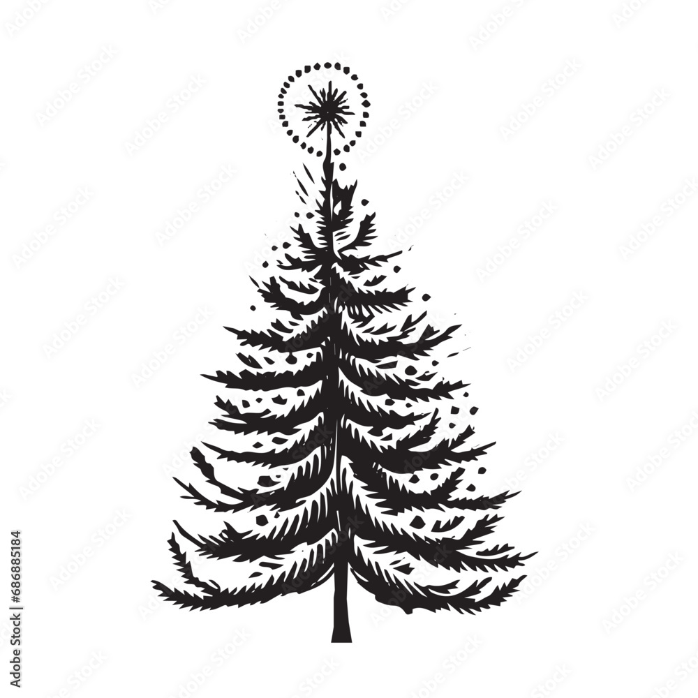 Wall mural christmas tree isolated on white. woodcut style. vector.