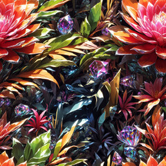 Blooming Bromelia Flower Seamless Pattern Colorful Floral Digital Art Background Design