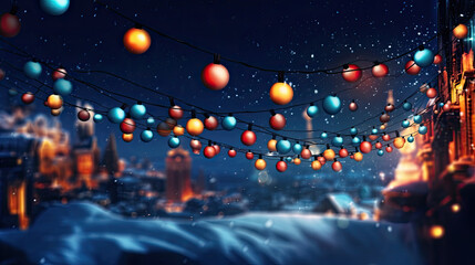 A holiday wonderland with Christmas garland lights against a dark blue sky. - obrazy, fototapety, plakaty
