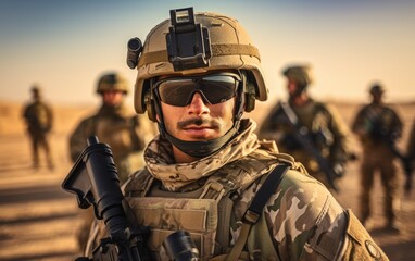 Male soldier in military uniform against the background of the Middle Eastern territories