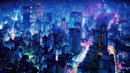 A vibrant cityscape bathed in the glow of neon lights, with skyscrapers standing tall, forming a captivating silhouette against the night's canvas